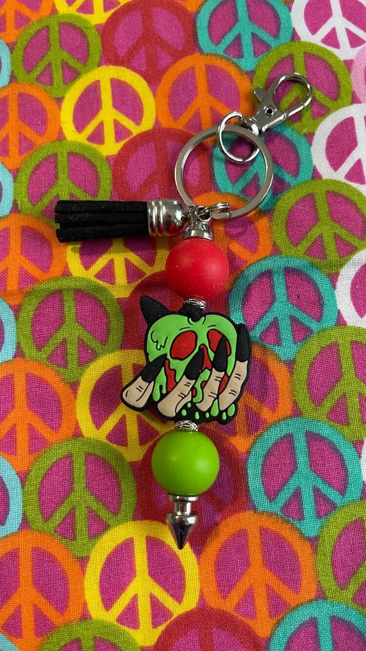 Green skull keychain with black Custom Handmade Bead Bar About 3" Long